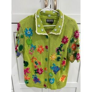 BEREK Frog Flower Applique Knit Cardigan Sweater Lime Green Size L